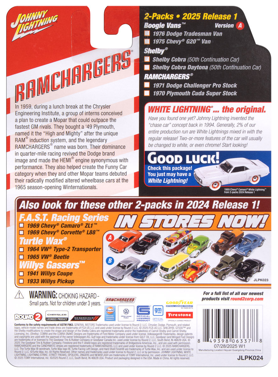 1971 Dodge Challenger Pro Stock &amp; 1970 Plymouth Cuda Super Stock Ramchargers **version A** – Johnny Lightning 1:64 JLPK024RAMCHARGERSA