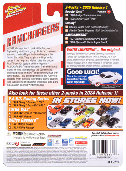 1971 Dodge Challenger Pro Stock &amp; 1970 Plymouth Cuda Super Stock Ramchargers **version A** – Johnny Lightning 1:64 JLPK024RAMCHARGERSA