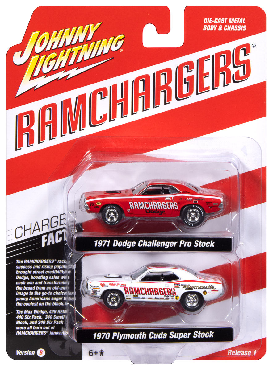 1971 Dodge Challenger Pro Stock &amp; 1970 Plymouth Cuda Super Stock **version B**  – Johnny Lightning Twin Pack 1:64 – JLPK024RAMB