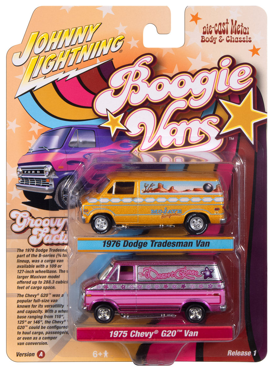 1976 Dodge Tradesman &amp; 1975 Chevy G20 Boogie Vans – Johnny Lightning 1:64 JLPK024VANSA