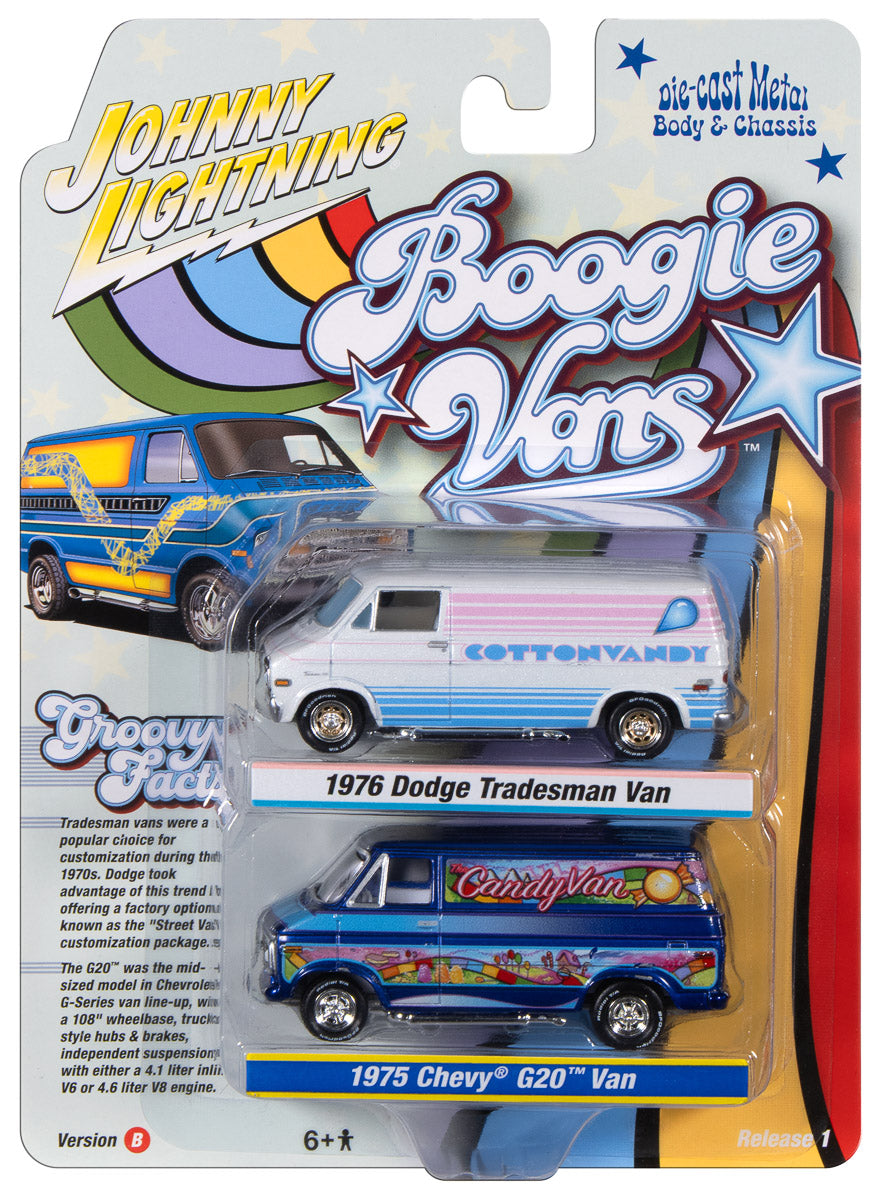 1976 Dodge Tradesman Van &amp; 1975 Chevrolet G20 Van – Johnny Lightning Twin Pack 1:64 – JLPK024VANSB