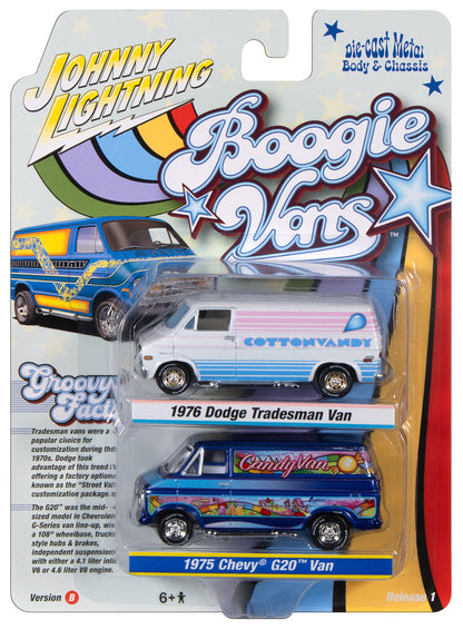 1976 Dodge Tradesman Van &amp; 1975 Chevrolet G20 Van – Johnny Lightning Twin Pack 1:64 – JLPK024VANSB