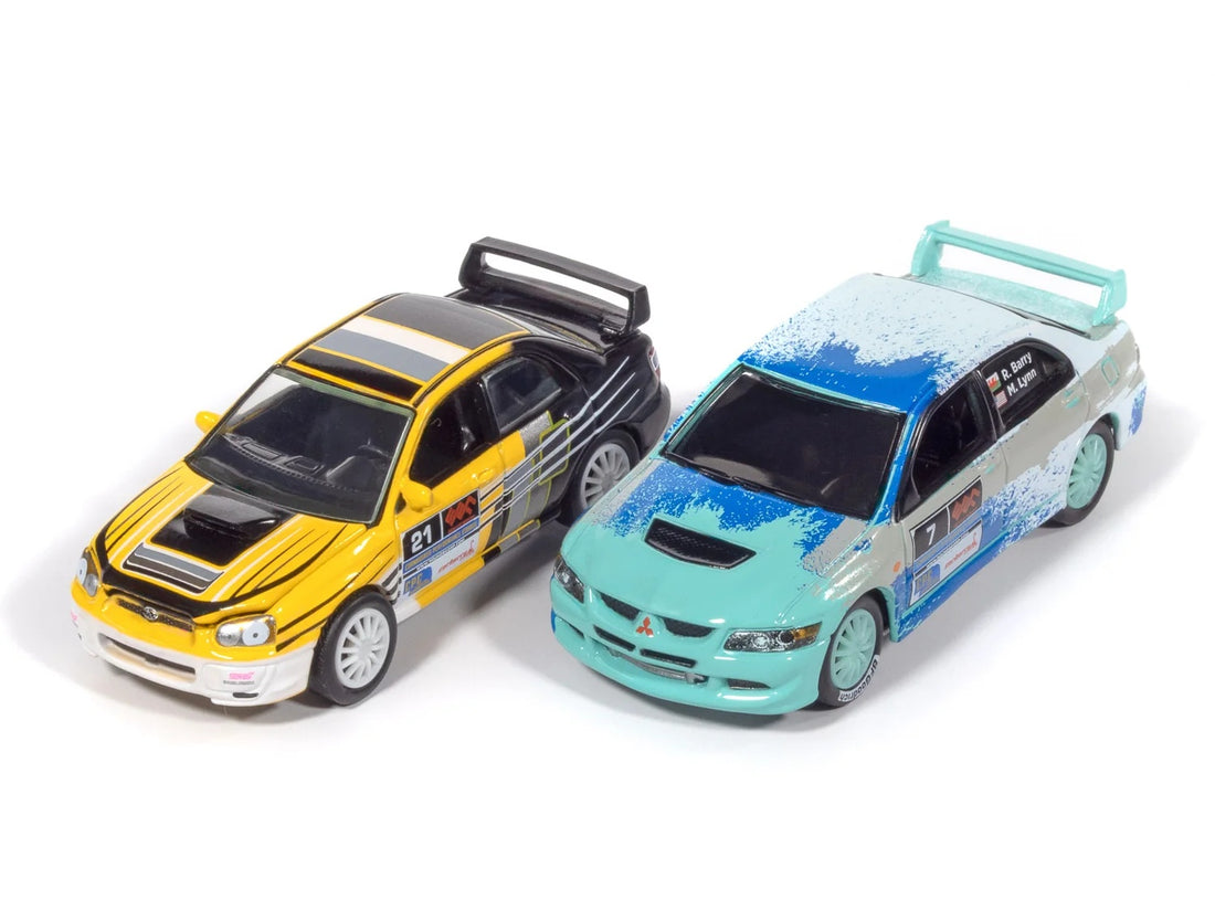 Johnny Lightning 1:64 Import Heat Rally Twin Pack – 2004 Subaru WRX STI &amp; 2004 Mitsubishi Lancer Evolution – JLPK025-1A-2