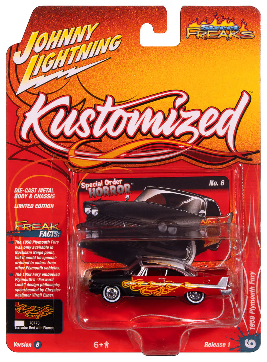 Johnny Lightning- 1958 Plymouth Fury Kustomized (Flat Black/Flames to Red) JLSP416A