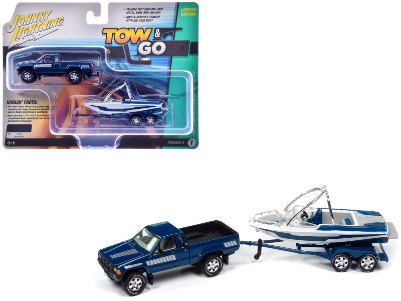 1985 Toyota SR5 Pickup Truck Dark Blue and Boat with Trailer, "Tow &amp; Go" Series