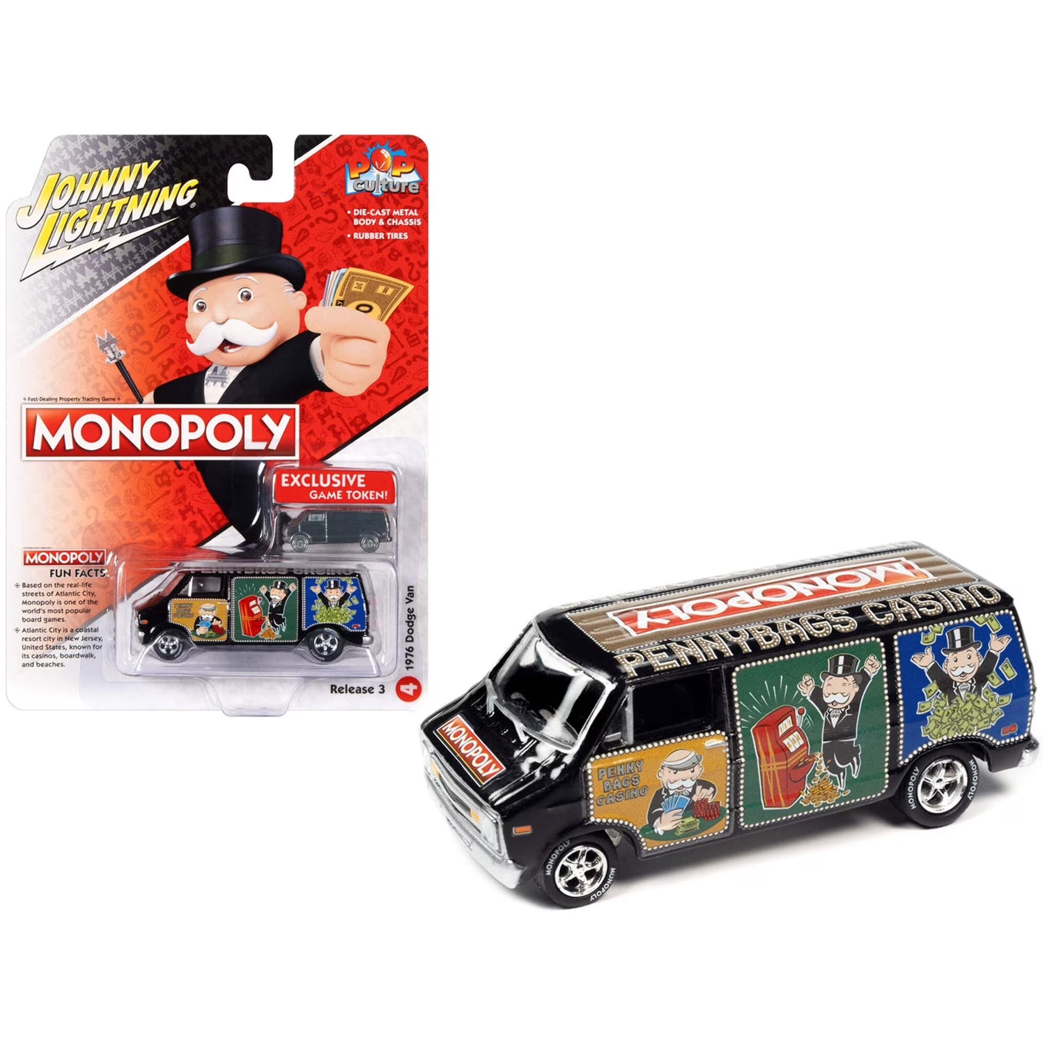 Johnny Lightning Pop Culture Release 3 Monopoly 1976 Dodge Van – Pennybags Casino – Noir avec jeton Dodge Van – JLPC008-JLSP272