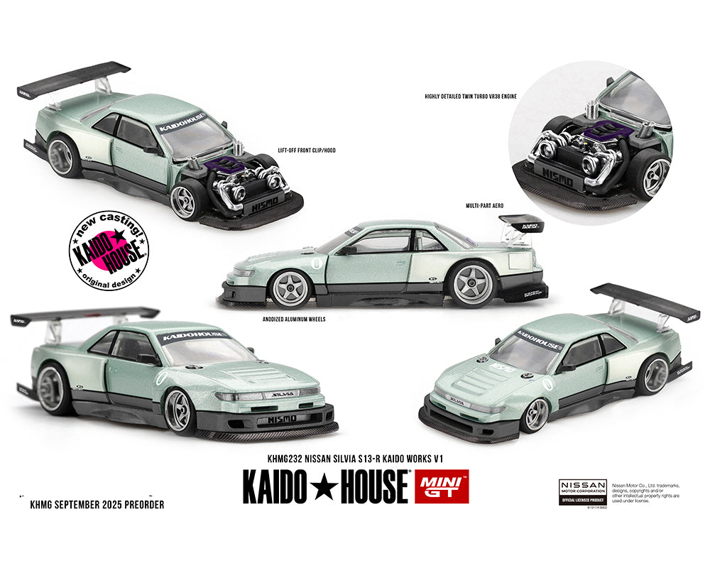 Kaido House x Mini GT - Nissan Silvia S13-R KAIDO WORKS V1 – Sea Foam Green  KHMG232