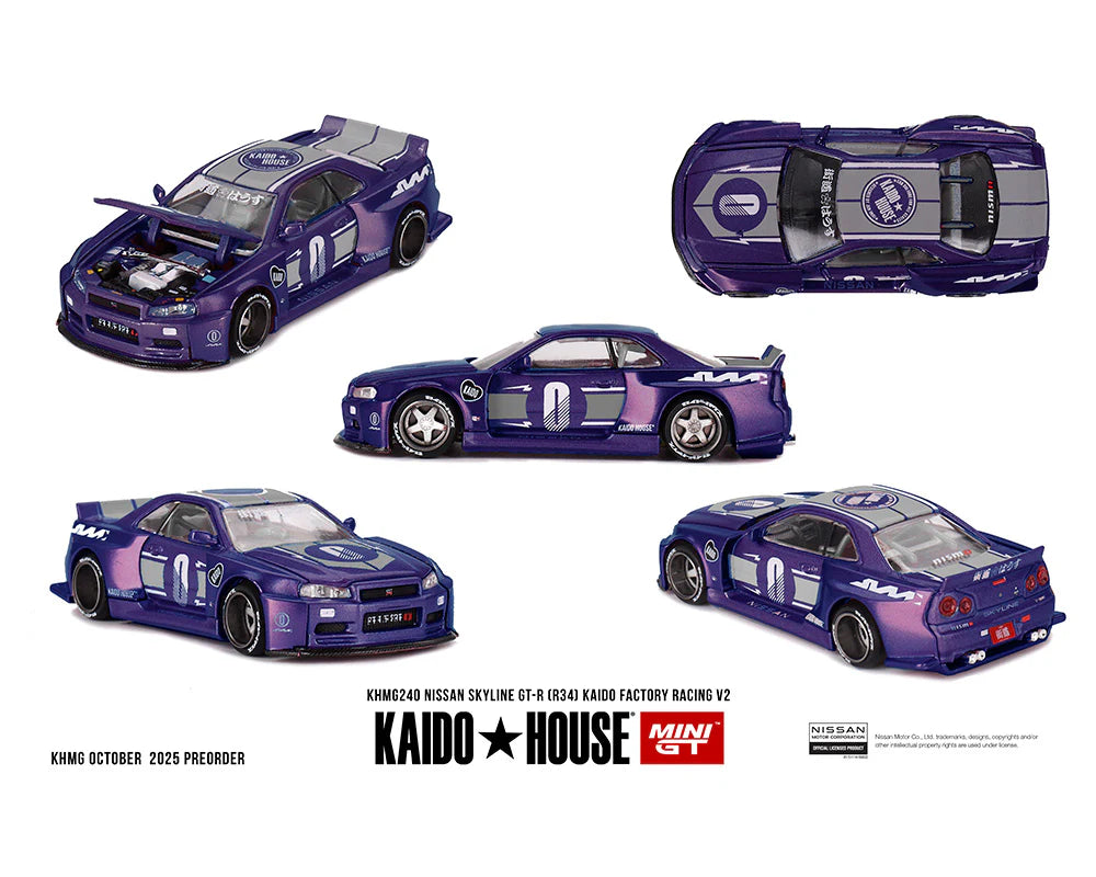 (PRE-ORDER 2026) Kaido House x Mini GT -Nissan Skyline GT-R (R34) Kaido factory Racing V2 – Midnight Purple KHMG240