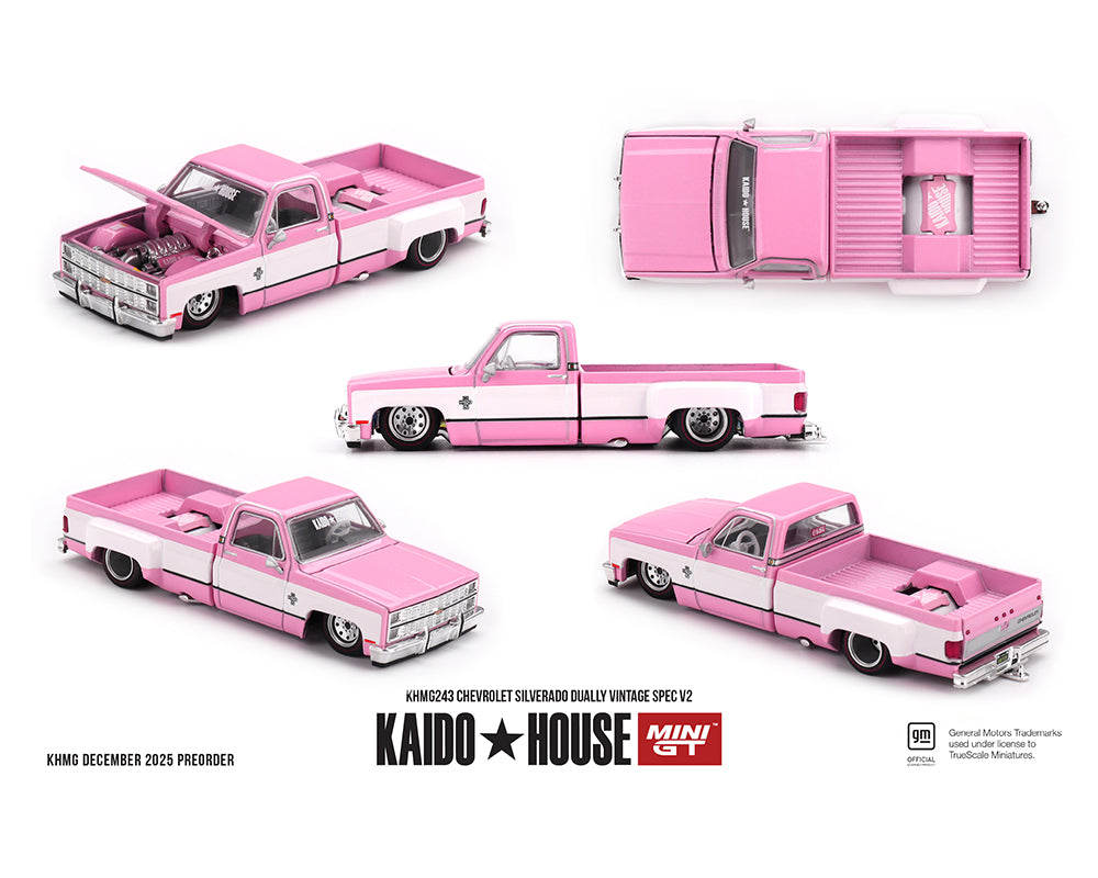 (PRE-ORDER 2026) Kaido House x Mini GT Chevrolet Silverado Dually Vintage Spec V2 – (Pink with White) KHMG243