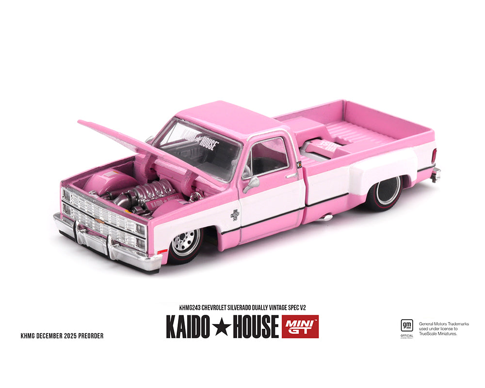 (PRE-ORDER 2026) Kaido House x Mini GT Chevrolet Silverado Dually Vintage Spec V2 – (Pink with White) KHMG243