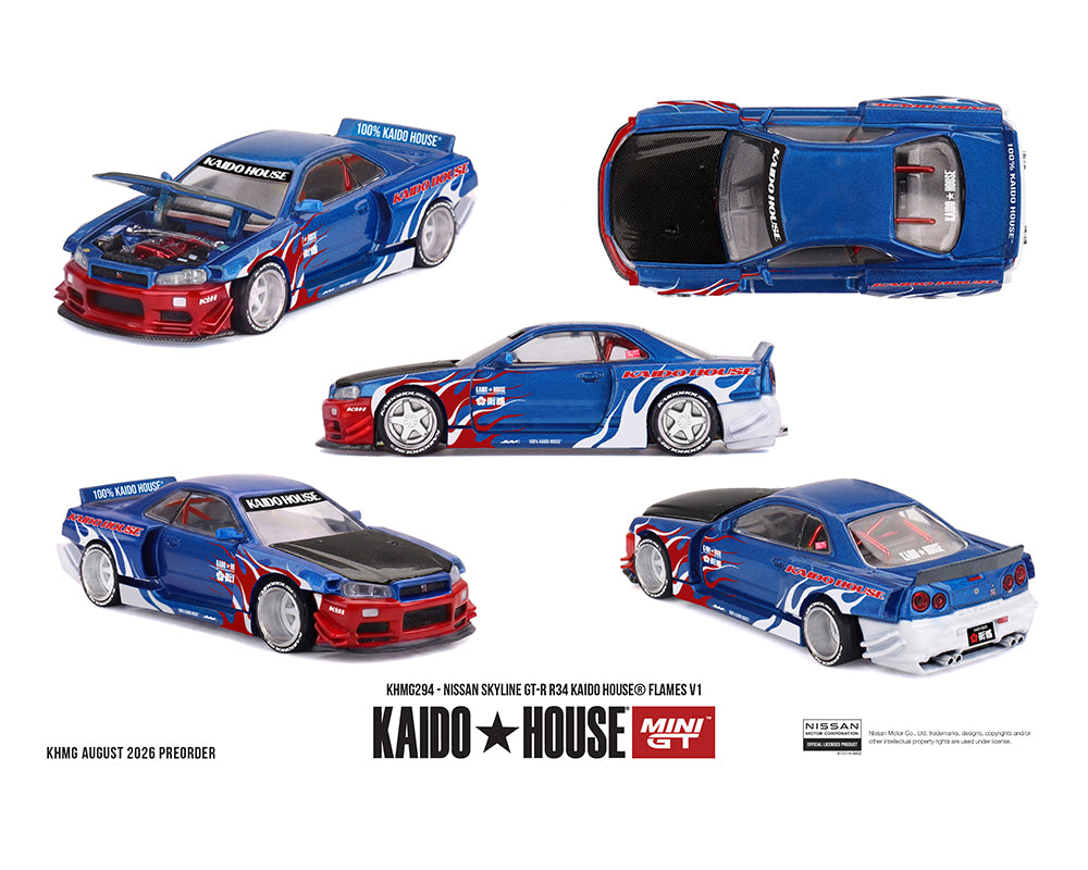 (PRE-ORDER 2027) Kaido House x Mini GT 1:64 Nissan Skyline GT-R R34 Kaido House Flames V1 – KHMG294