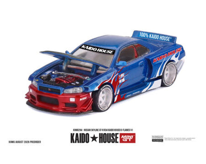 (PRE-ORDER 2027) Kaido House x Mini GT 1:64 Nissan Skyline GT-R R34 Kaido House Flames V1 – KHMG294