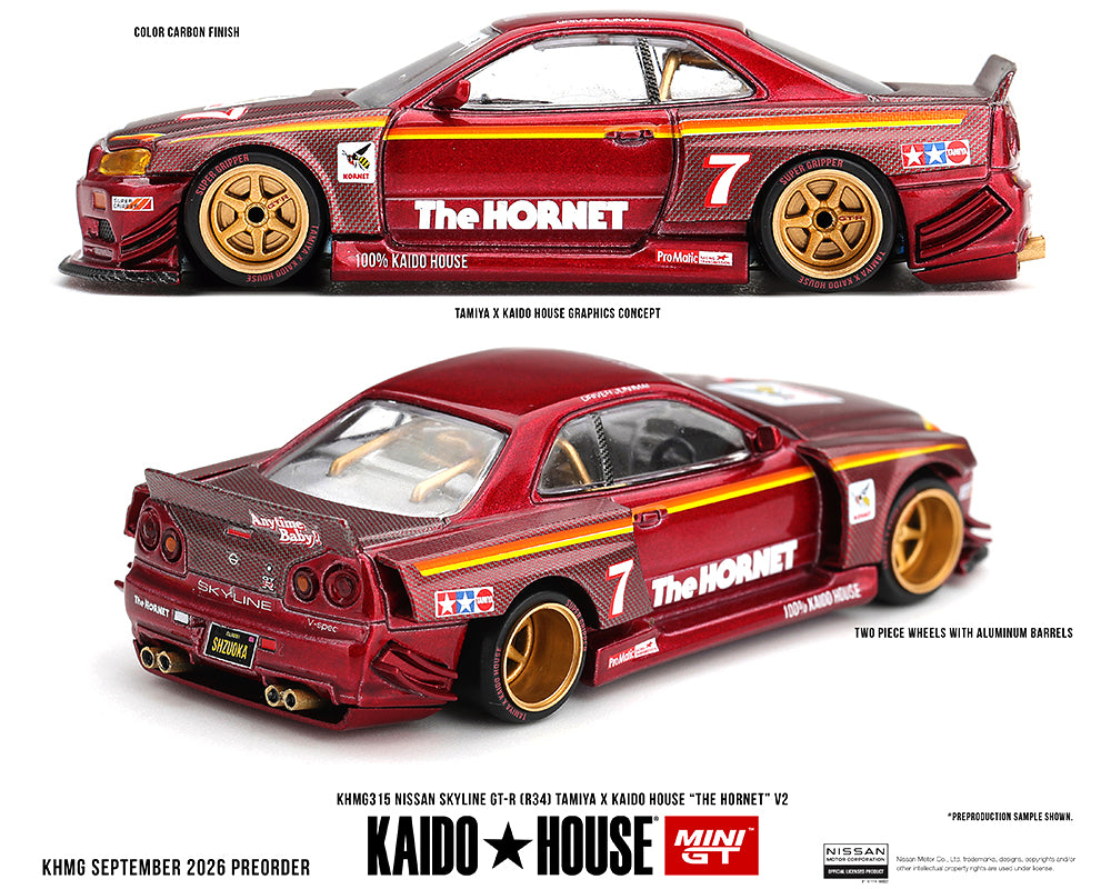 (PRE-ORDER 2027) Kaido House x Mini GT Nissan Skyline GT-R (R34) TAMIYA x KAIDO HOUSE “The Hornet” V2 – M. Red Carbon 1:64 KHMG315