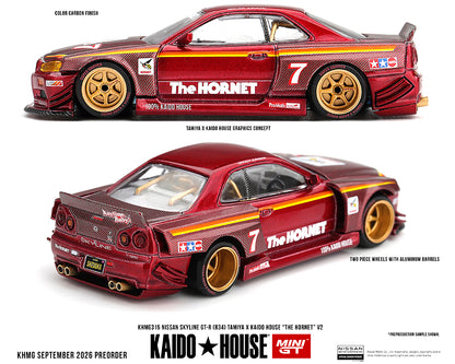 (PRE-ORDER 2027) Kaido House x Mini GT Nissan Skyline GT-R (R34) TAMIYA x KAIDO HOUSE “The Hornet” V2 – M. Red Carbon 1:64 KHMG315