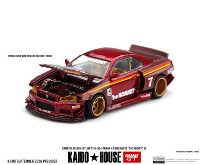 (PRE-ORDER 2027) Kaido House x Mini GT Nissan Skyline GT-R (R34) TAMIYA x KAIDO HOUSE “The Hornet” V2 – M. Red Carbon 1:64 KHMG315