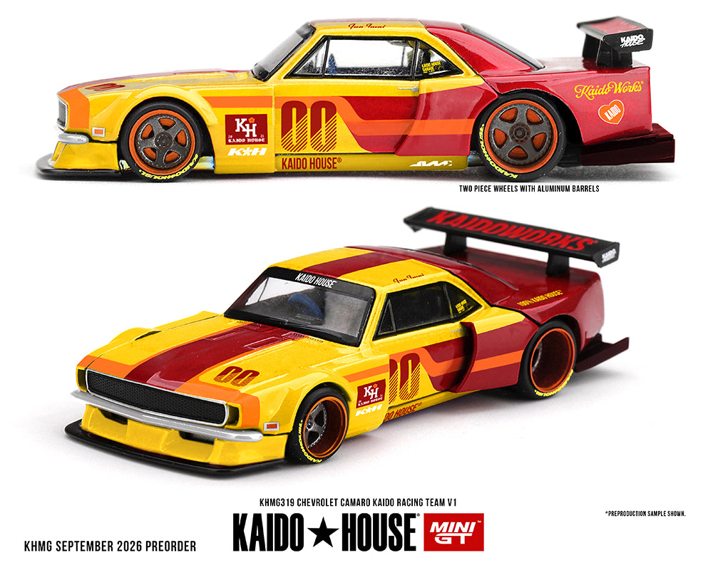 (PRE-ORDER 2027) Kaido House x Mini GT Chevrolet Camaro Kaido Racing Team V1 – Rouge / Jaune deux tons 1:64 KHMG319