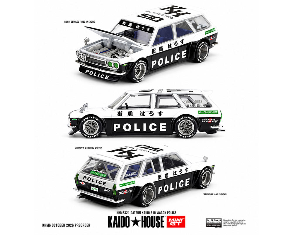 (PRE-ORDER 2026/2027) Kaido House x Mini GT 1:64 Datsun KAIDO 510 Wagon Police – Black/White Two-Tone – Chance of CHASE – KHMG321