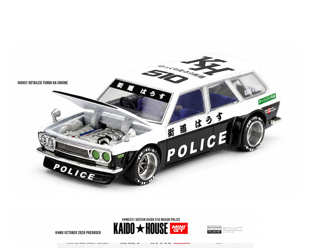 (PRE-ORDER 2026/2027) Kaido House x Mini GT 1:64 Datsun KAIDO 510 Wagon Police – Black/White Two-Tone – Chance of CHASE – KHMG321
