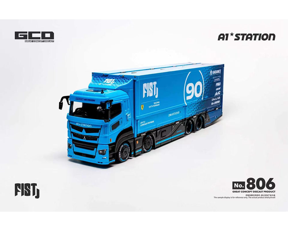 (PRE-ORDER 2027) GCD 1:64 FIST TEAM Mitsubishi Fuso Super Great Transporter with 1 Figure – Blue – Special Edition KS-073-806