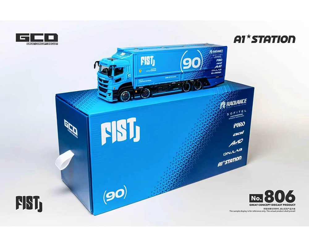 (PRE-ORDER 2027) GCD 1:64 FIST TEAM Mitsubishi Fuso Super Great Transporter with 1 Figure – Blue – Special Edition KS-073-806