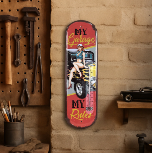 Thermomètre vintage « My Garage My Rules » - Enseigne métallique pour intérieur et extérieur