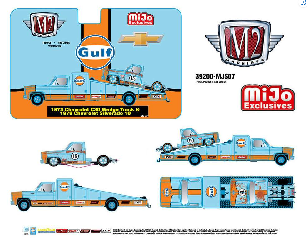 1973 Chevrolet C30 Ramp Truck w/1978 Chevrolet Silverado 10 Bedless "Gulf" (M2-machines-39200-MJS07)