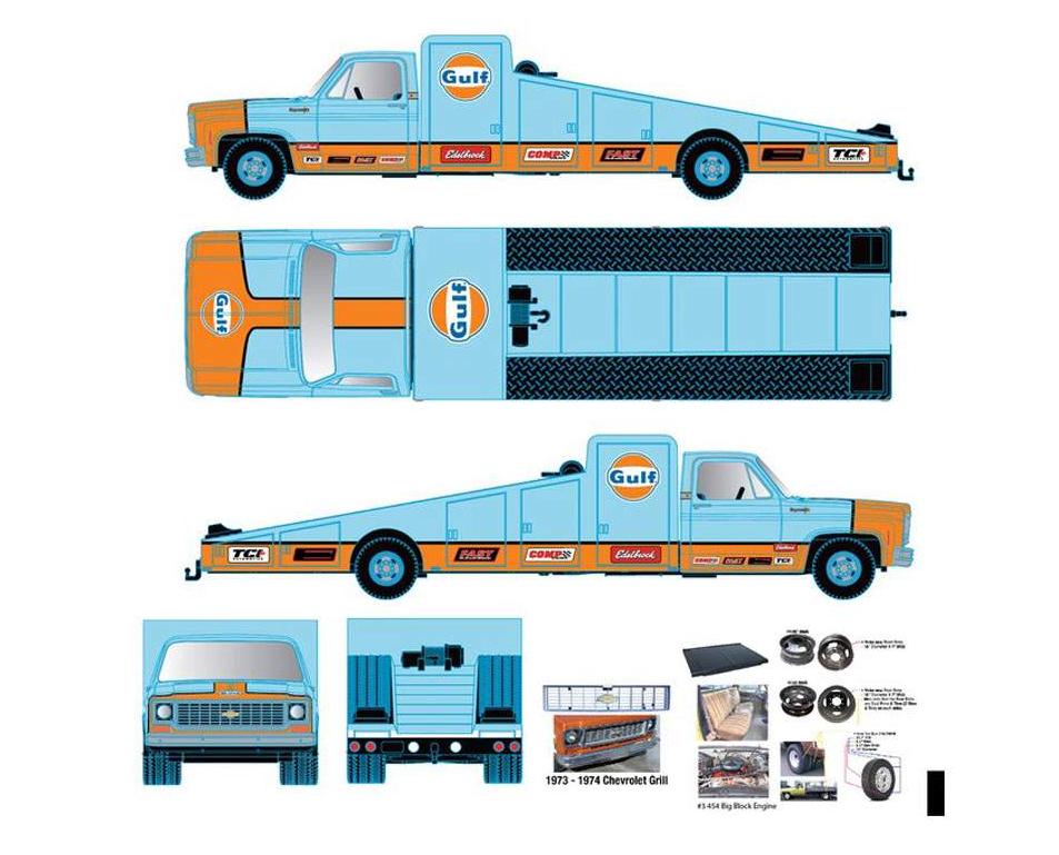 1973 Chevrolet C30 Ramp Truck w/1978 Chevrolet Silverado 10 Bedless "Gulf" (M2-machines-39200-MJS07)