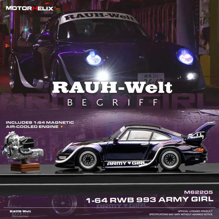 Motorhelix 1:64 RWB 993 Army Girl Metallic Purple with Magnetic Air-Cooled Engine – M62205