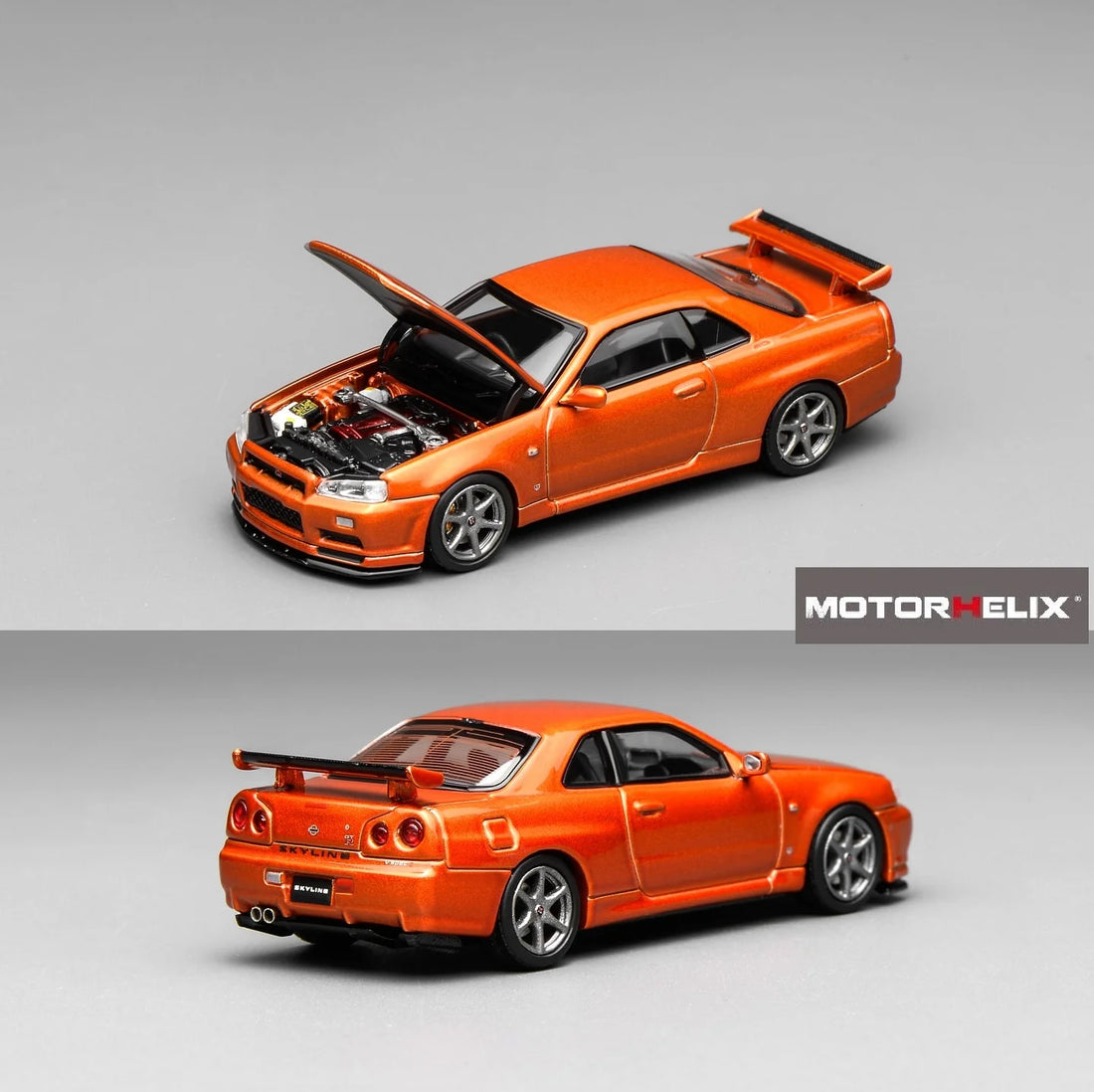 Motorhelix 1:64 Nissan Skyline GT-R (R34) V-Spec II Customized – Metallic Orange – M63471