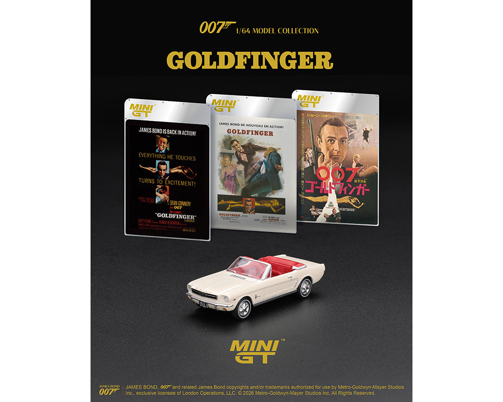 (PRE-ORDER 2027) Mini GT 1:64 James Bond 007 Ford Mustang Convertible 1964 « Goldfinger » – Emballage blister anglais – Édition limitée – MGT00928-007E