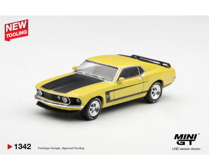 (PRE-ORDER 2027) Mini GT 1:64 Ford Mustang Boss 302 1969 Bright Yellow – Limited Edition – MGT01342-BL