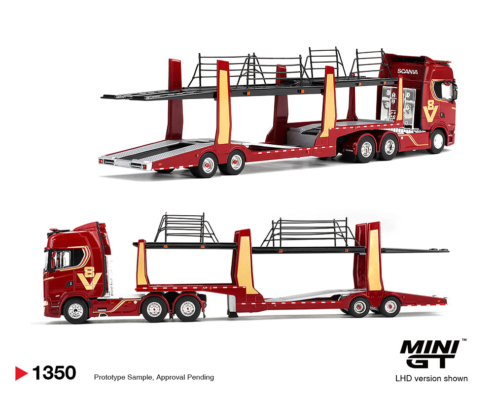 (PRE-ORDER 2026/2027) Mini GT 1:64 Scania 770S A6x4NA Car Transporter – V8 50th Anniversary – Red – Limited Edition – MGT01350-L