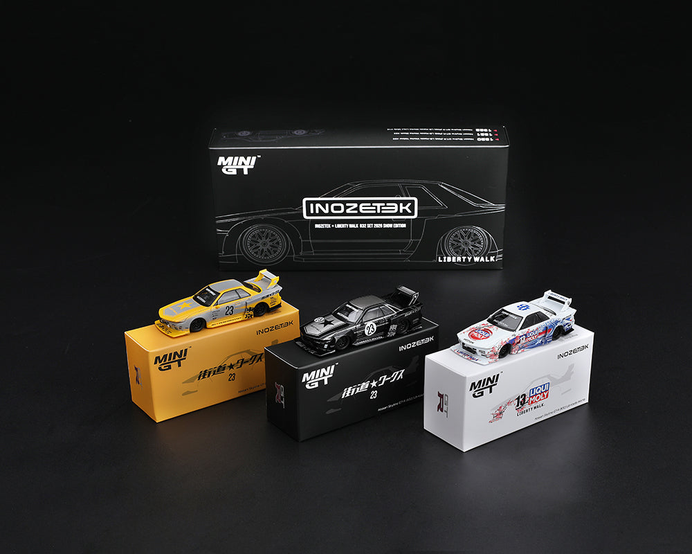 (PRE-ORDER 2027) Mini GT 1:64 INOZETEK x Liberty Walk Nissan Skyline GT-R (R32) 2026 Show Edition – 3-Car Set MGTS0027