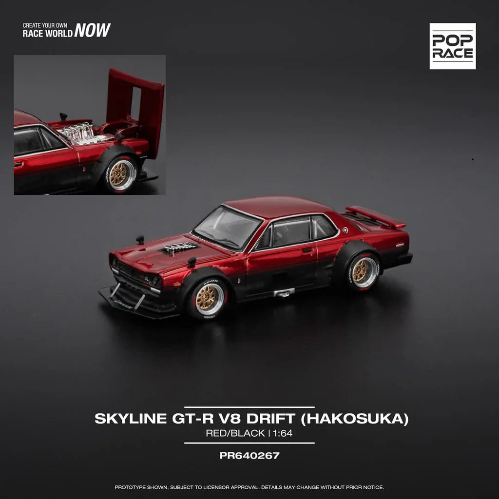 (PRE-0RDER 2026) POPRACE 1/64, SKYLINE GT-R V8 DRIFT (HAKOSUKA) - RED/BLACK