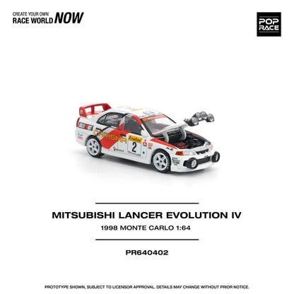 (PRE-ORDER 2025)  POPRACE 1/64 - Mitsubishi Lancer Evolution IV - "1998 Monte Carlo Rally" - PR640402