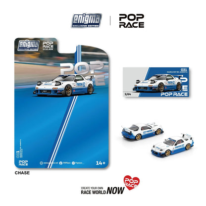 CHASE CAR POP RACE x Enigma 1:64 Mazda RX-7 (FD3S) – Bleu/Blanc – Roues dorées – PRE021-CHASE