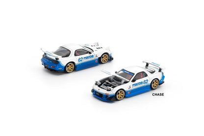 CHASE CAR POP RACE x Enigma 1:64 Mazda RX-7 (FD3S) – Bleu/Blanc – Roues dorées – PRE021-CHASE
