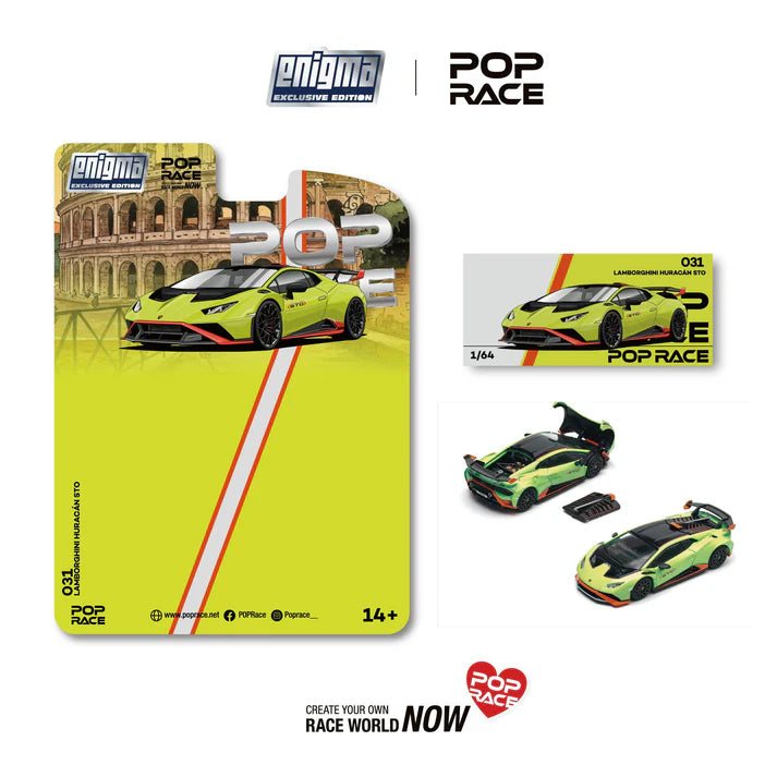 (PRE-ORDER 2026) POPRACE 1:64 Lamborghini Huracán STO Verde Citrea / Arancio DAC – Enigma Exclusive Edition PRE031