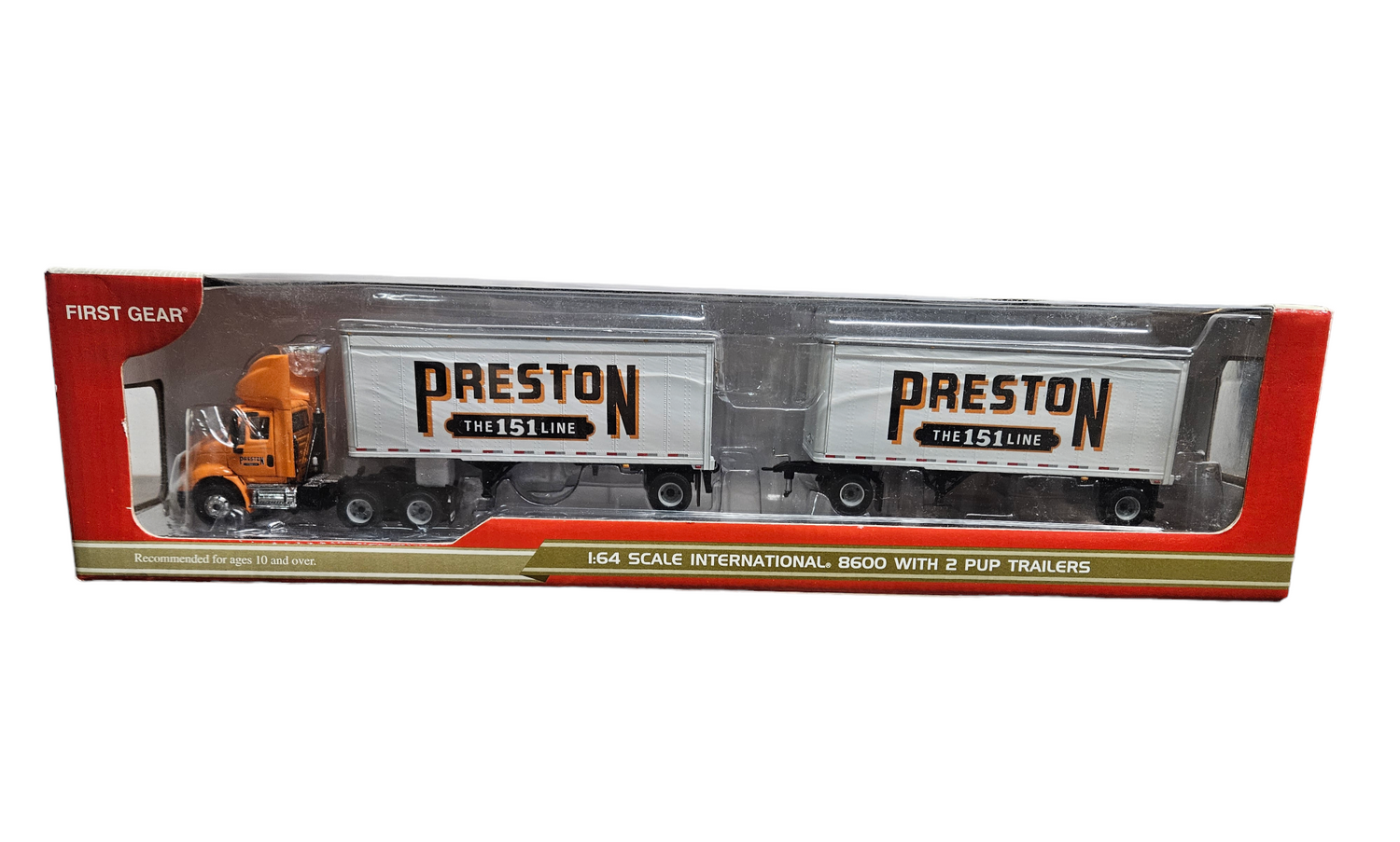 INTERNATIONAL PRESTON WITH DOUBLE PUP TRAILERS/ORANGE in 1/64