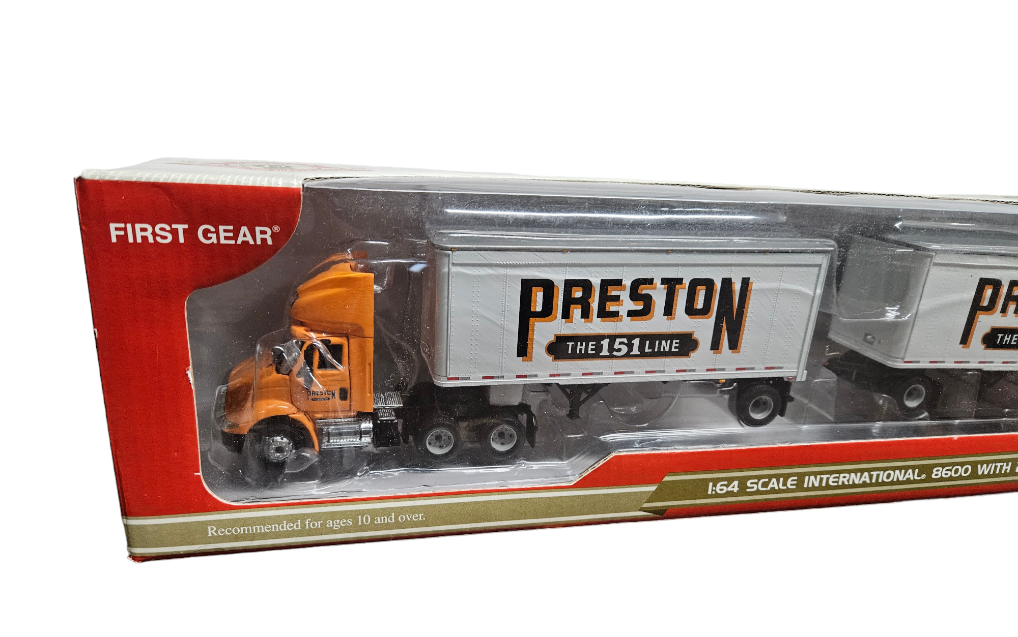 INTERNATIONAL PRESTON WITH DOUBLE PUP TRAILERS/ORANGE in 1/64