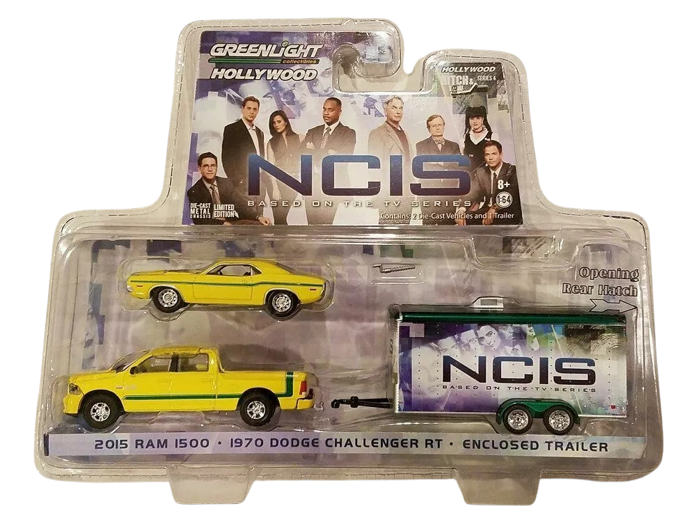 CHASE GREEN MACHINE-2015 Dodge Ram 1500 Pickup &amp; 1970 Dodge Challenger R/T Yellow w/Trailer Opening Rear Hatch"NCIS" TV  (Hollywood Hitch and Tow Series 4)