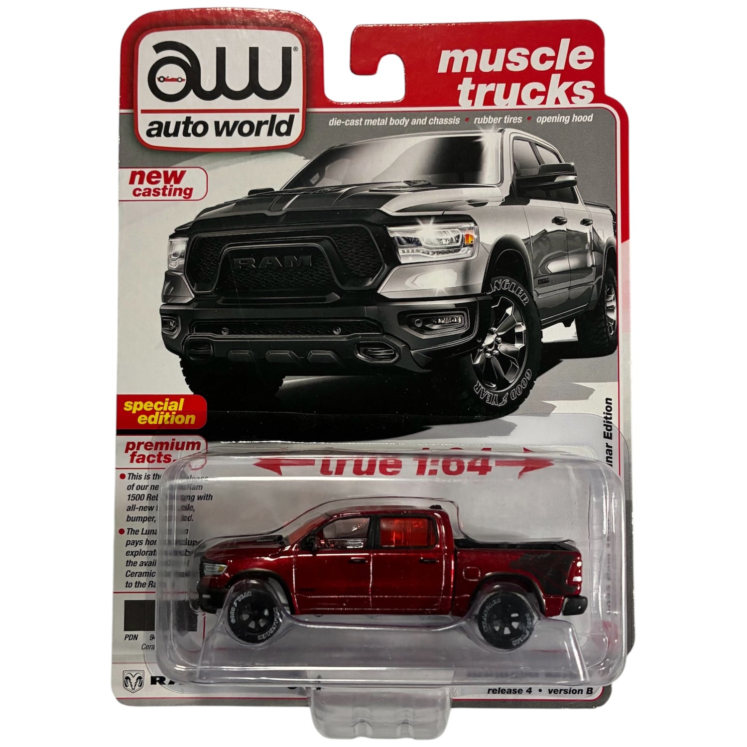 CHASE CAR 2023 Ram 1500 Rebel Lunar Edition Ultra Red - Auto World 1:64 - AWSP164/24B-CHASE
