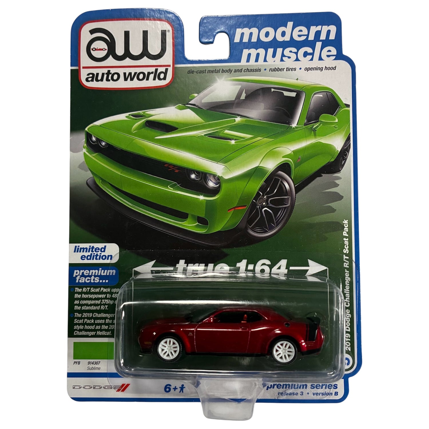 CHASE CAR 2019 Dodge Challenger R/T Scat Pack Auto World Modern Muscle 1:64 - AW64372-3B-DODGE-CHASE