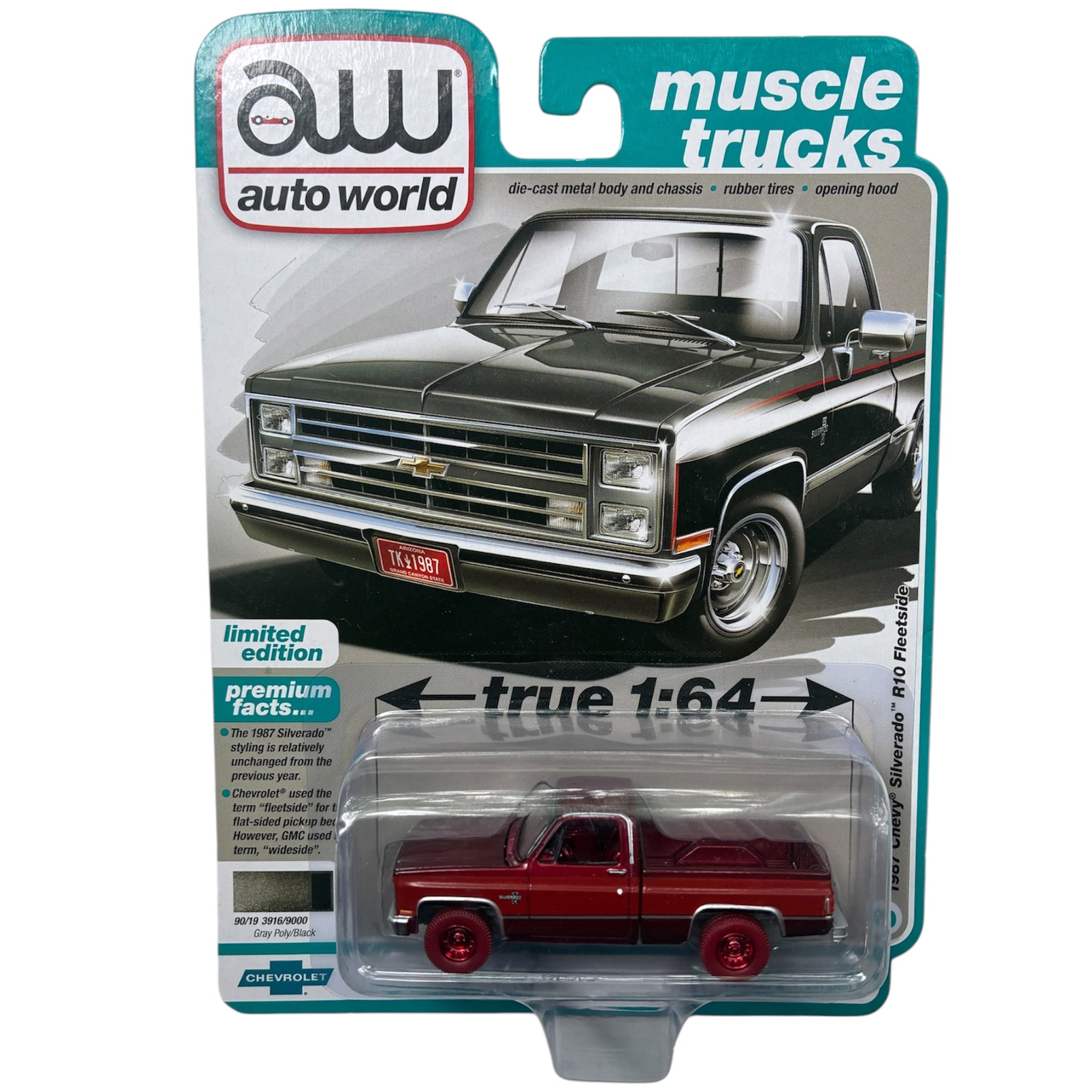 **Voir Note** CHASE CAR Chevy Silverado R10 Fleetside 1987 – Auto World 1:64 – AW64362-2B-3-CHASE