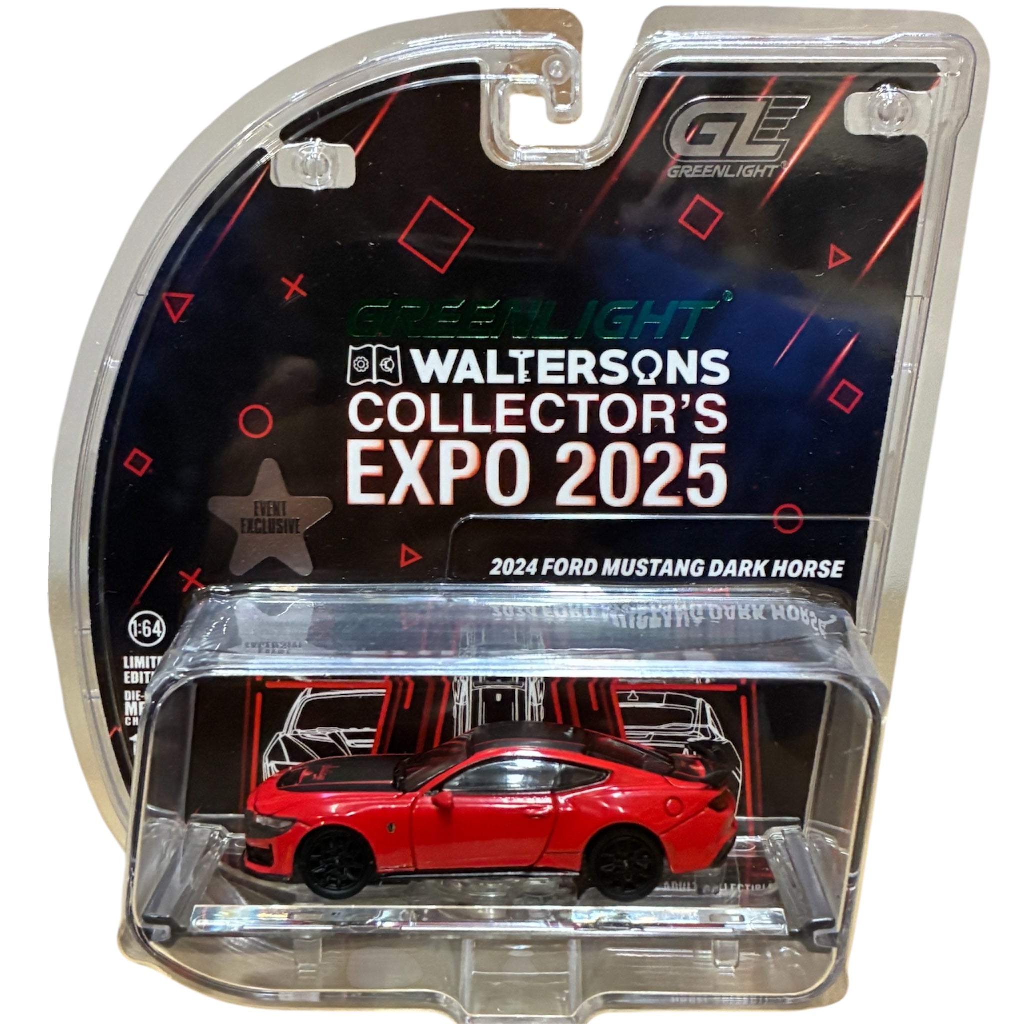 GreenLight Waltersons Product Expo Exclusif 1:64 Ford Mustang Dark Horse 2024 Rouge avec Bande Indiana GL51684-D