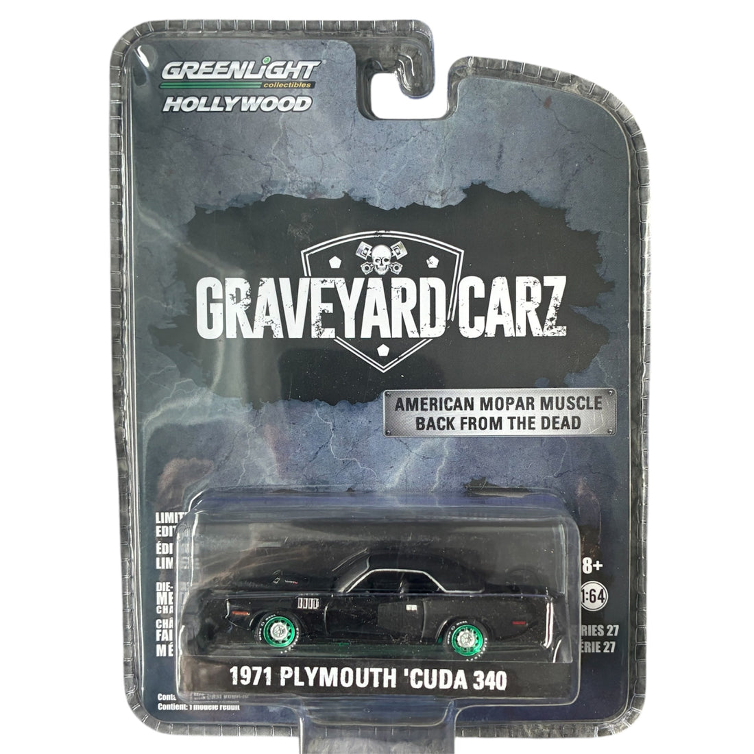 CHASE CAR GreenLight Hollywood 1:64 1971 Plymouth ’Cuda 340 – Graveyard Carz Series 27 GL44870-F-CHASE