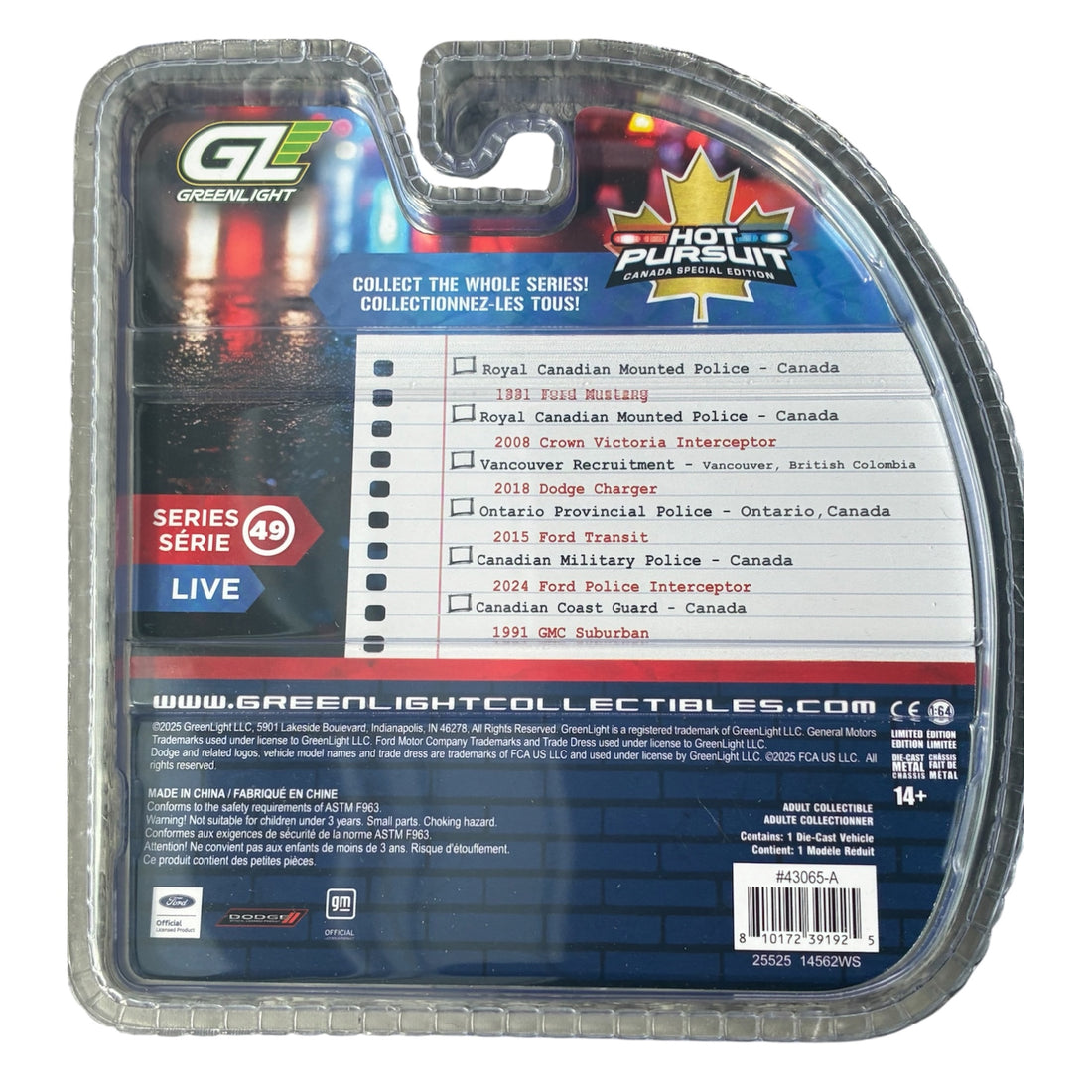 CHASE CAR GreenLight Hot Pursuit 1:64 1991 Ford Mustang RCMP Series 49 Limited Edition GL43065-A-CHASE