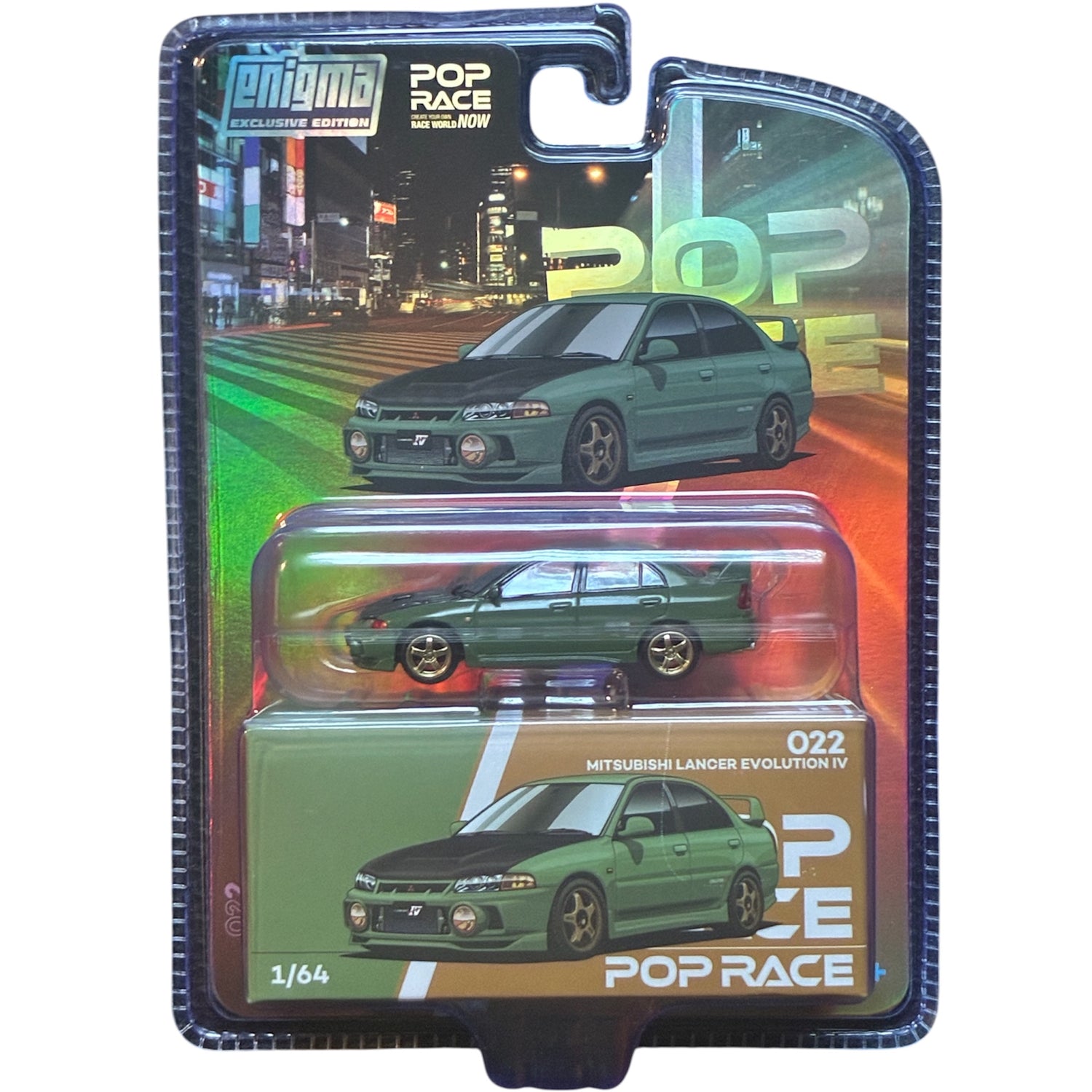 CHASE CAR POP RACE x Enigma 1:64 Mitsubishi Lancer Evolution IV – Vert – Capot carbone – PRE022-CHASE