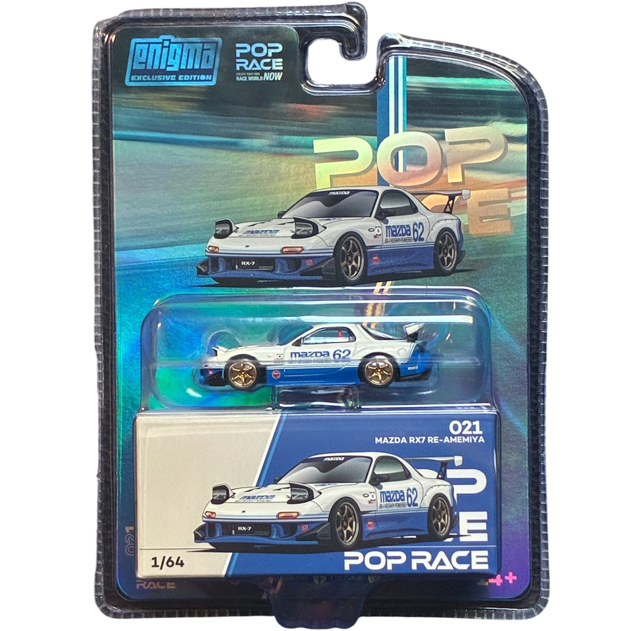 CHASE CAR POP RACE x Enigma 1:64 Mazda RX-7 (FD3S) – Bleu/Blanc – Roues dorées – PRE021-CHASE
