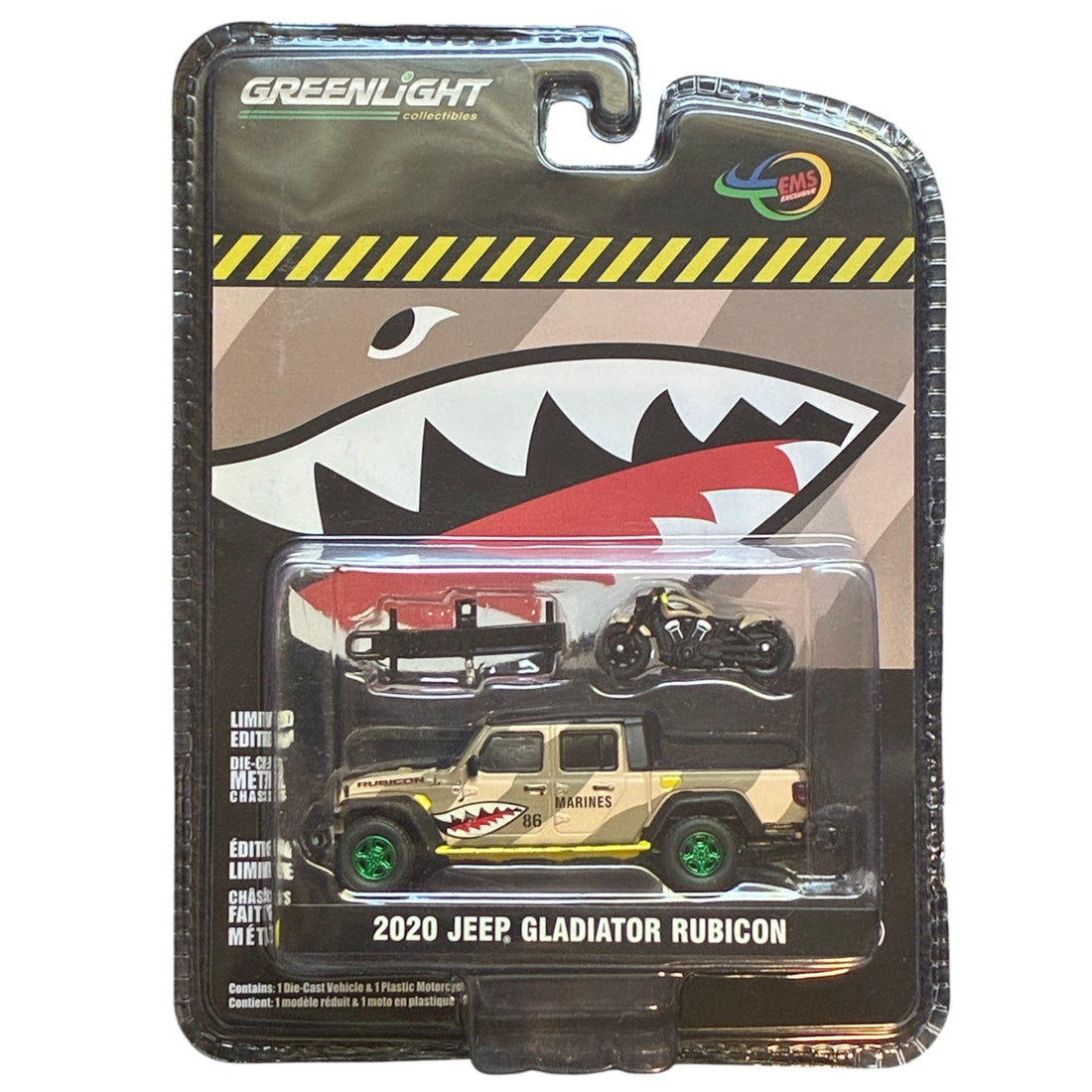 CHASE CAR – GreenLight 1:64 2020 Jeep Gladiator Rubicon Pickup “Shark” with Motorcycle – Green Wheels – Limited Edition – GL51525-CHASE